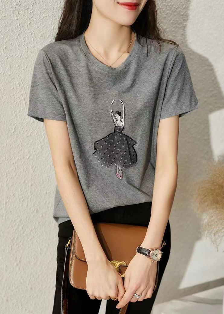 Simple Grey O Neck Print Patchwork Cotton Top Short Sleeve Ada Fashion