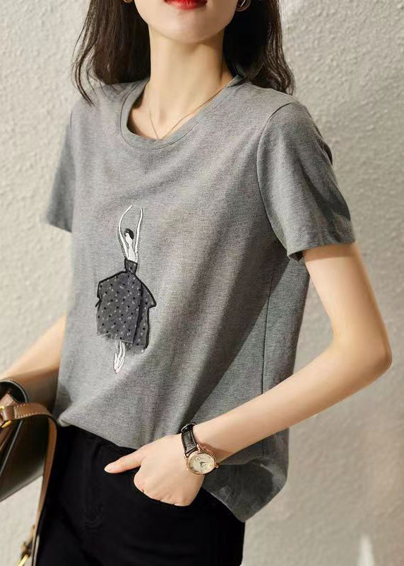 Simple Grey O Neck Print Patchwork Cotton Top Short Sleeve Ada Fashion