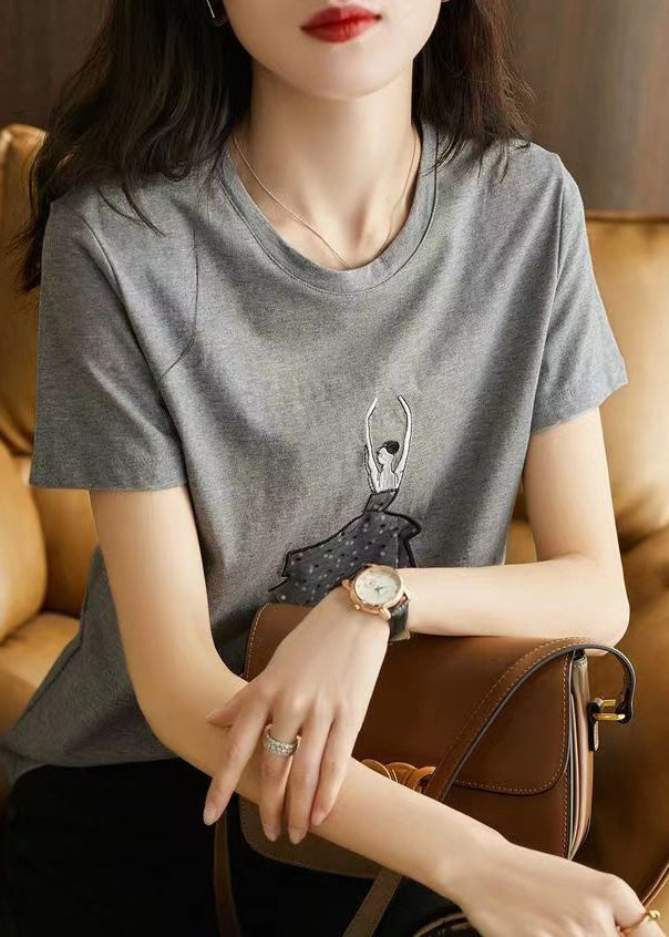 Simple Grey O Neck Print Patchwork Cotton Top Short Sleeve Ada Fashion