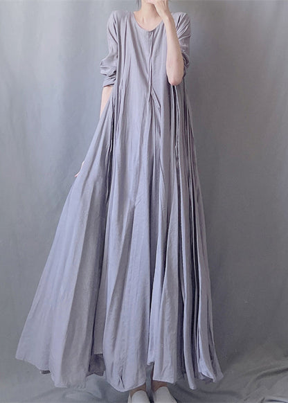 Simple Grey O Neck Wrinkled Patchwork Cotton Long Dresses Fall Ada Fashion