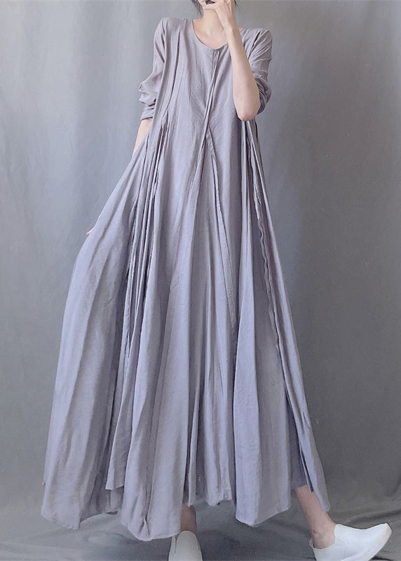 Simple Grey O Neck Wrinkled Patchwork Cotton Long Dresses Fall Ada Fashion