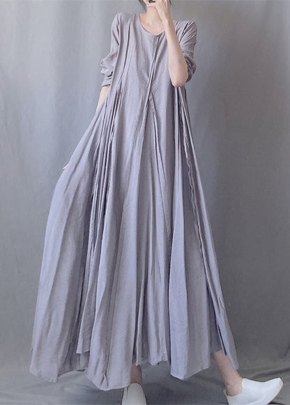 Simple Grey O Neck Wrinkled Patchwork Cotton Long Dresses Fall Ada Fashion