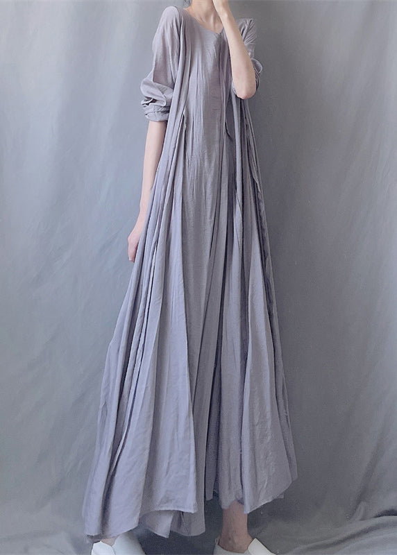 Simple Grey O Neck Wrinkled Patchwork Cotton Long Dresses Fall Ada Fashion