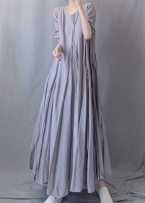 Simple Grey O Neck Wrinkled Patchwork Cotton Long Dresses Fall Ada Fashion