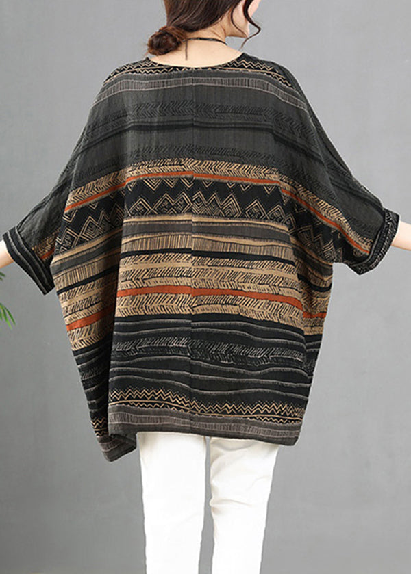 Simple Grey Oversized Striped Linen Top Batwing Sleeve Ada Fashion