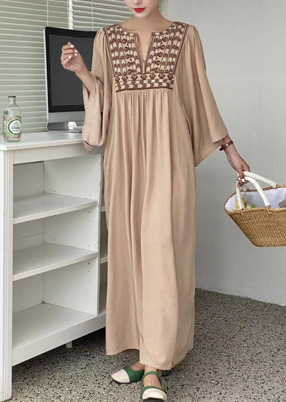 Simple Khaki Embroideried Oversized Cotton Vacation Dresses Batwing Sleeve LY1359 - fabuloryshop