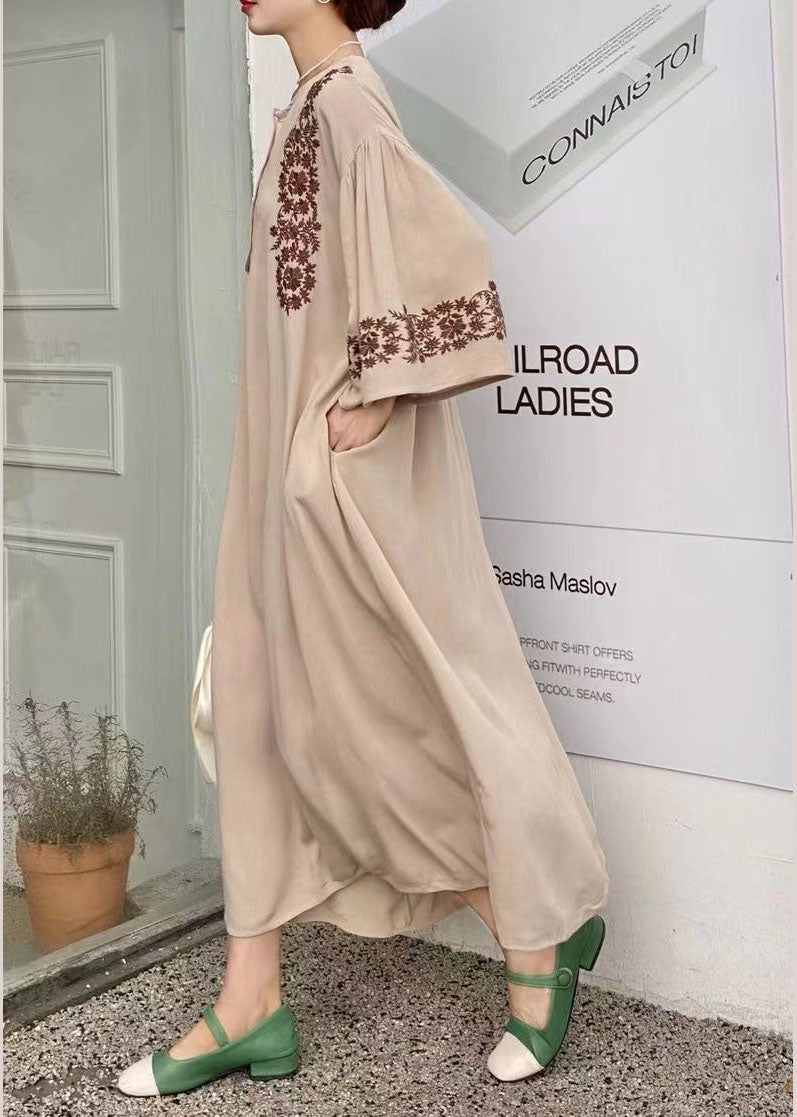 Simple Khaki Embroideried Oversized Cotton Vacation Dresses Batwing Sleeve LY1359 - fabuloryshop