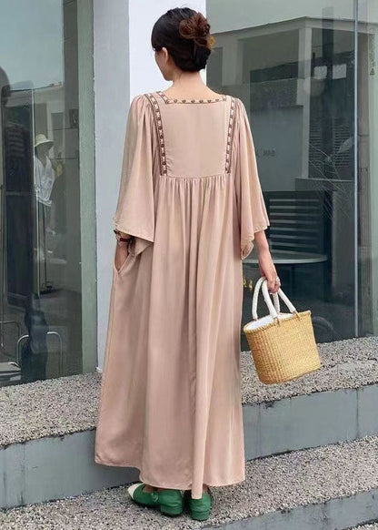 Simple Khaki Embroideried Oversized Cotton Vacation Dresses Batwing Sleeve LY1359 - fabuloryshop