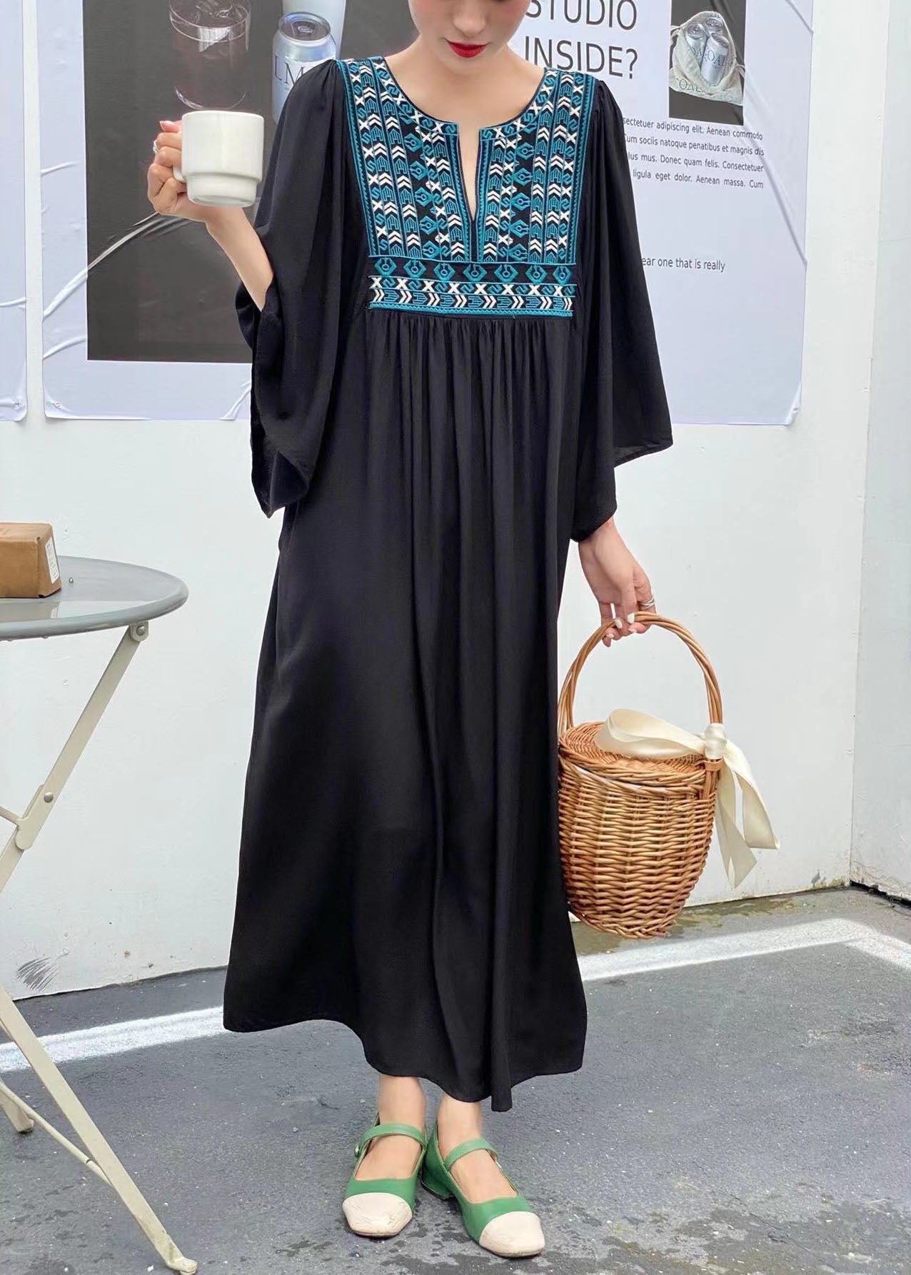 Simple Khaki Embroideried Oversized Cotton Vacation Dresses Batwing Sleeve LY1359 - fabuloryshop
