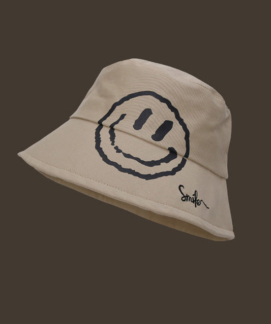Simple Khaki Graphic Embroidery Patchwork Smiling Face Bucket Hat LY514 - fabuloryshop