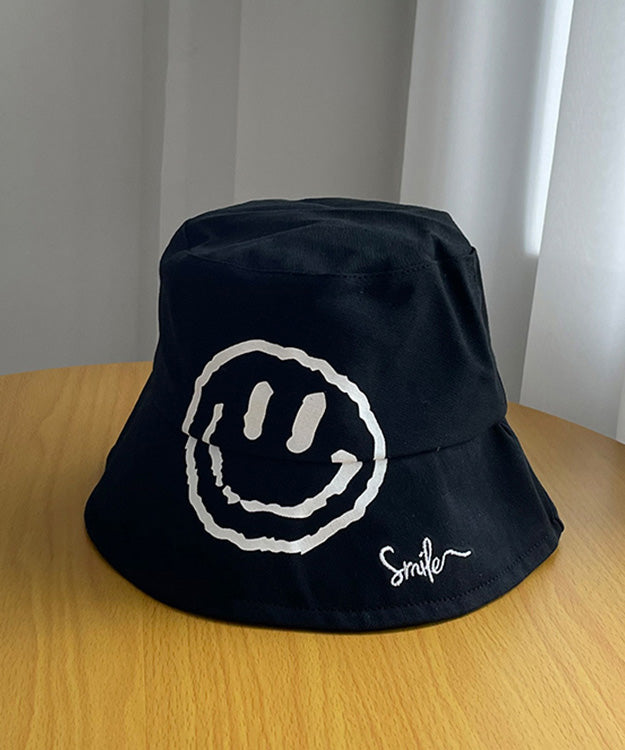 Simple Khaki Graphic Embroidery Patchwork Smiling Face Bucket Hat LY514