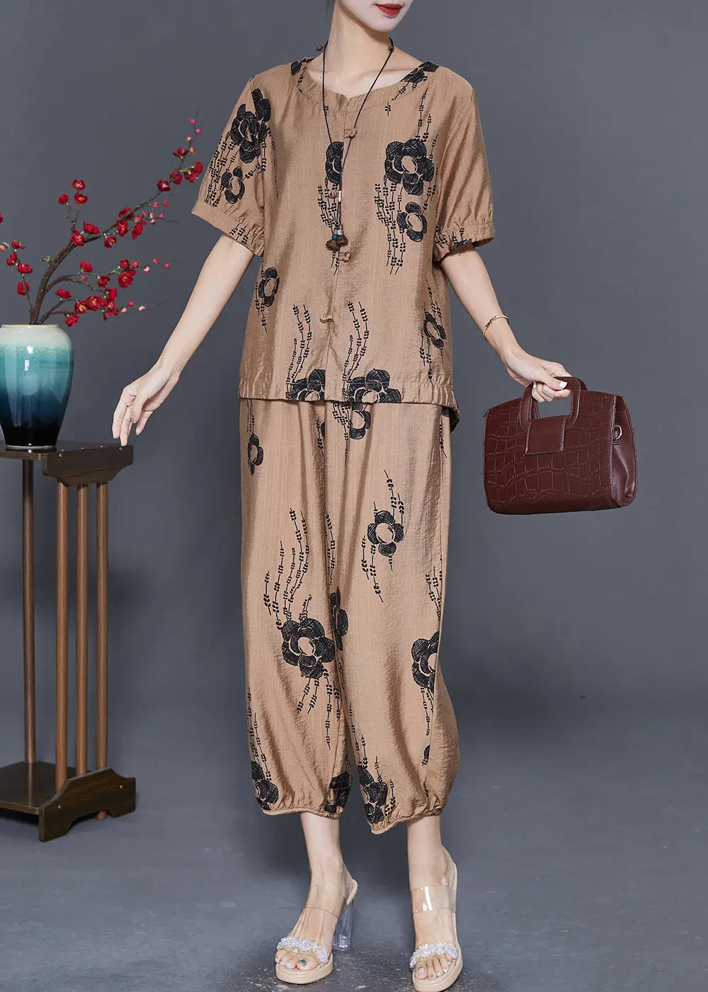 Simple Khaki Oversized Floral Linen 2 Piece Outfit Set Summer Ada Fashion