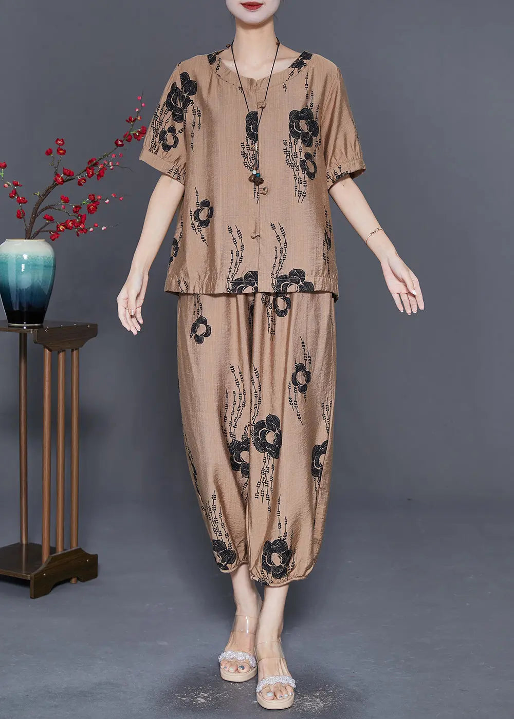 Simple Khaki Oversized Floral Linen 2 Piece Outfit Set Summer Ada Fashion
