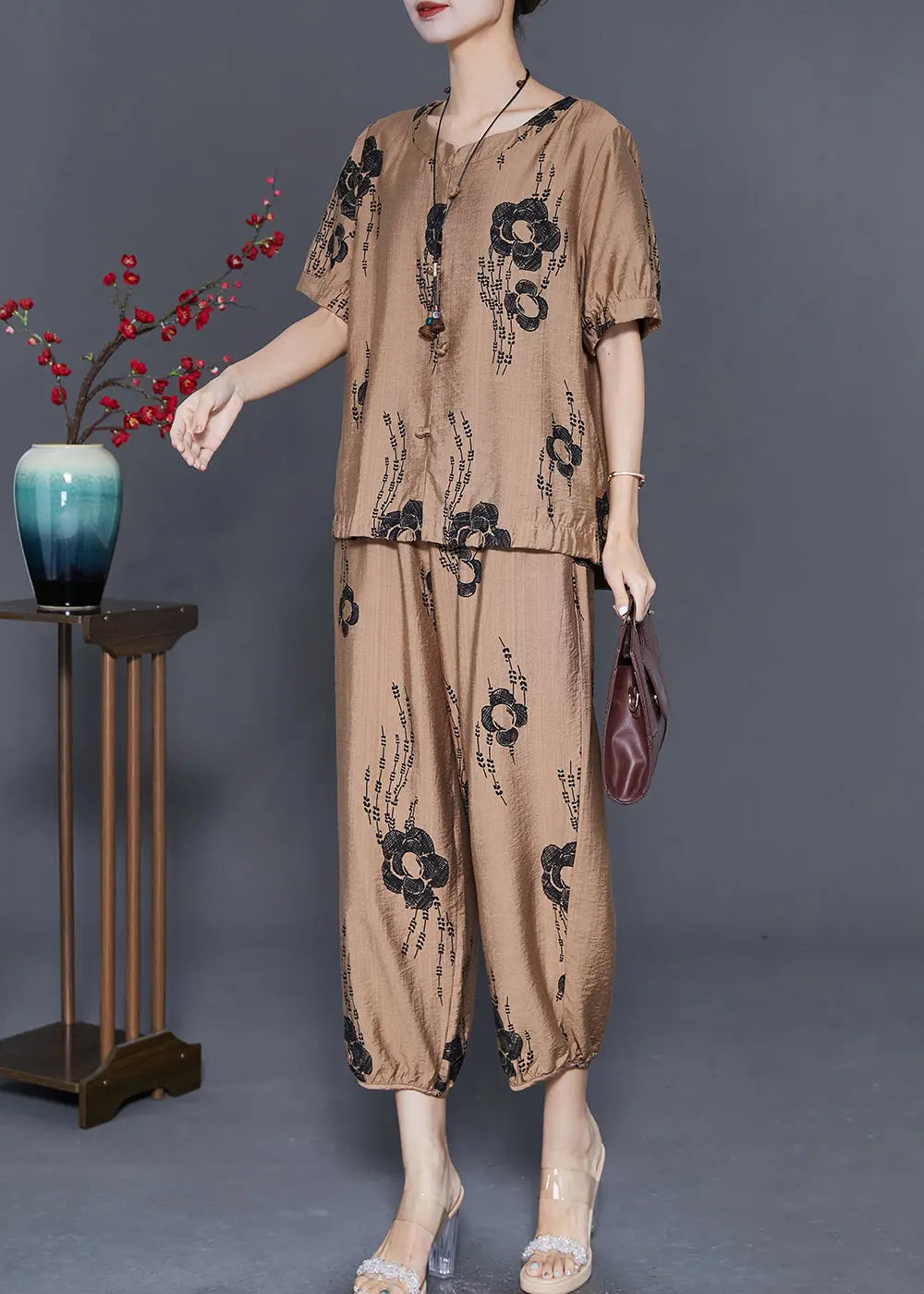 Simple Khaki Oversized Floral Linen 2 Piece Outfit Set Summer Ada Fashion