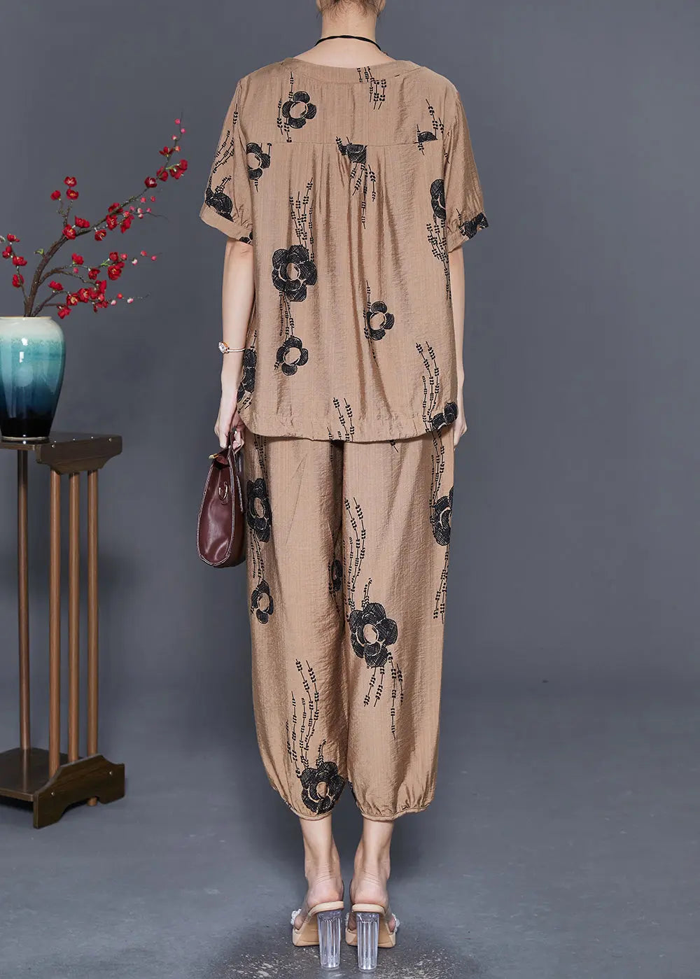 Simple Khaki Oversized Floral Linen 2 Piece Outfit Set Summer Ada Fashion