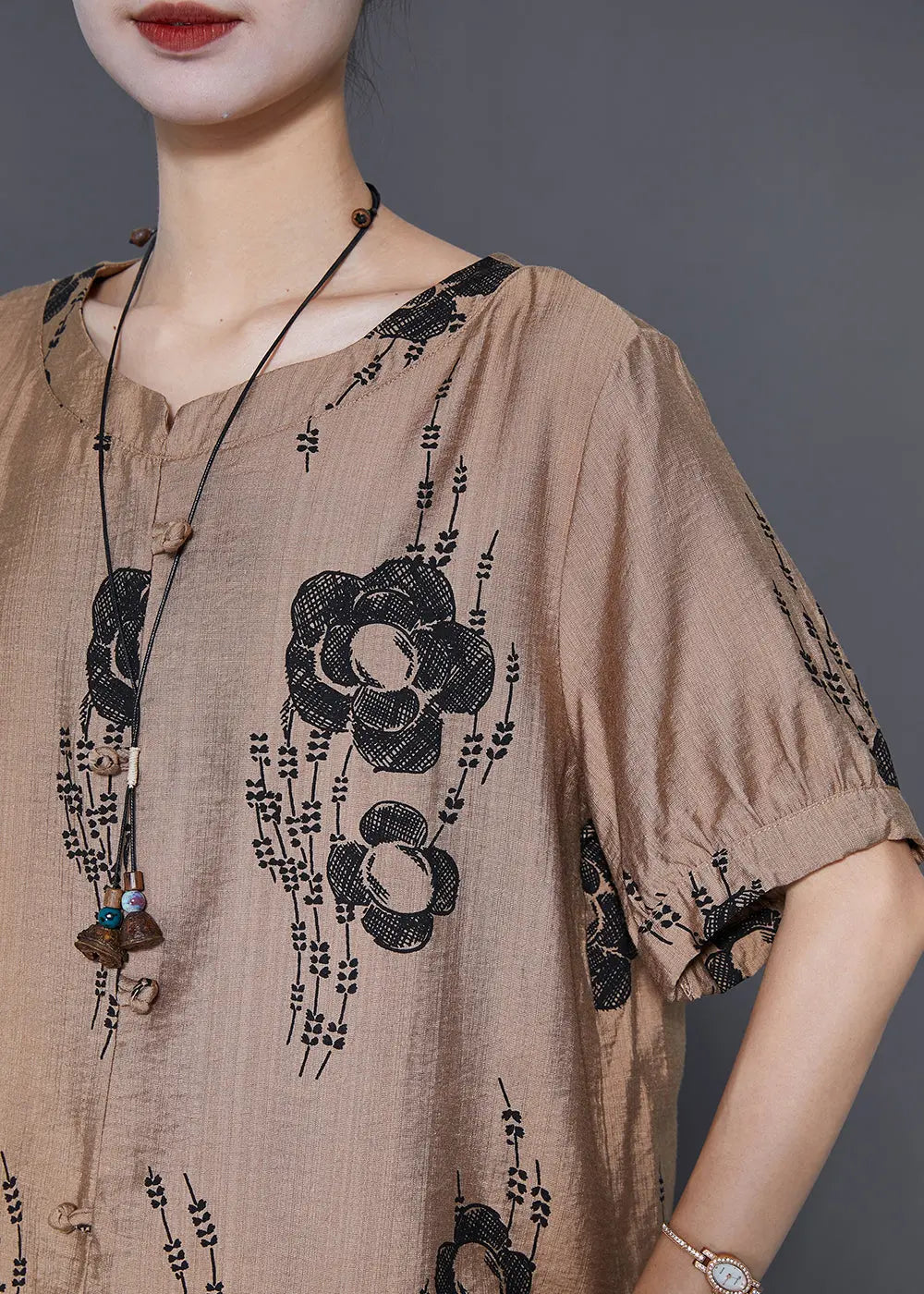 Simple Khaki Oversized Floral Linen 2 Piece Outfit Set Summer Ada Fashion