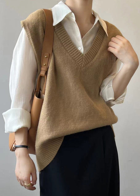 Khaki Cashmere Knit Waistcoat Sleeveless