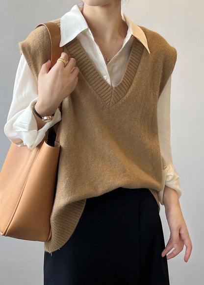 Khaki Cashmere Knit Waistcoat Sleeveless