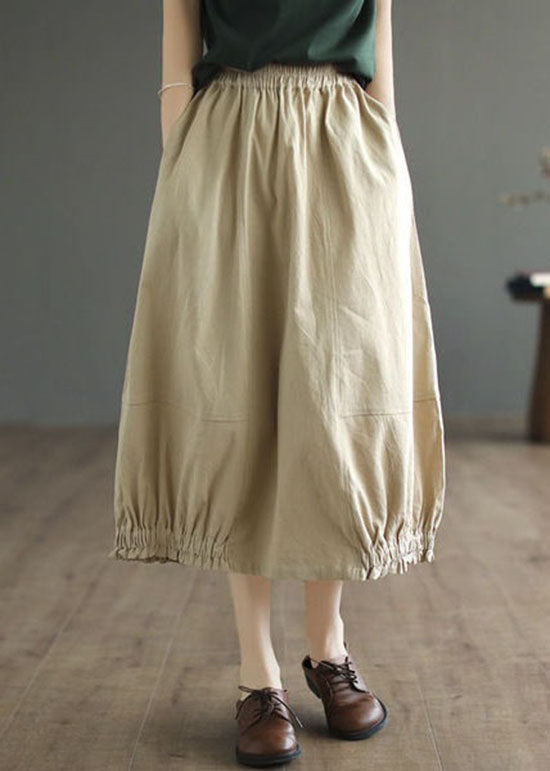 Simple Khaki Wrinkled Pockets Elastic Waist Patchwork Cotton Skirts Spring LY4045 - fabuloryshop