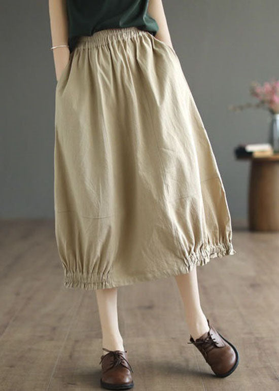 Simple Khaki Wrinkled Pockets Elastic Waist Patchwork Cotton Skirts Spring LY4045 - fabuloryshop