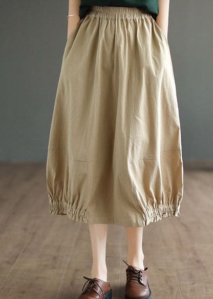 Simple Khaki Wrinkled Pockets Elastic Waist Patchwork Cotton Skirts Spring LY4045 - fabuloryshop