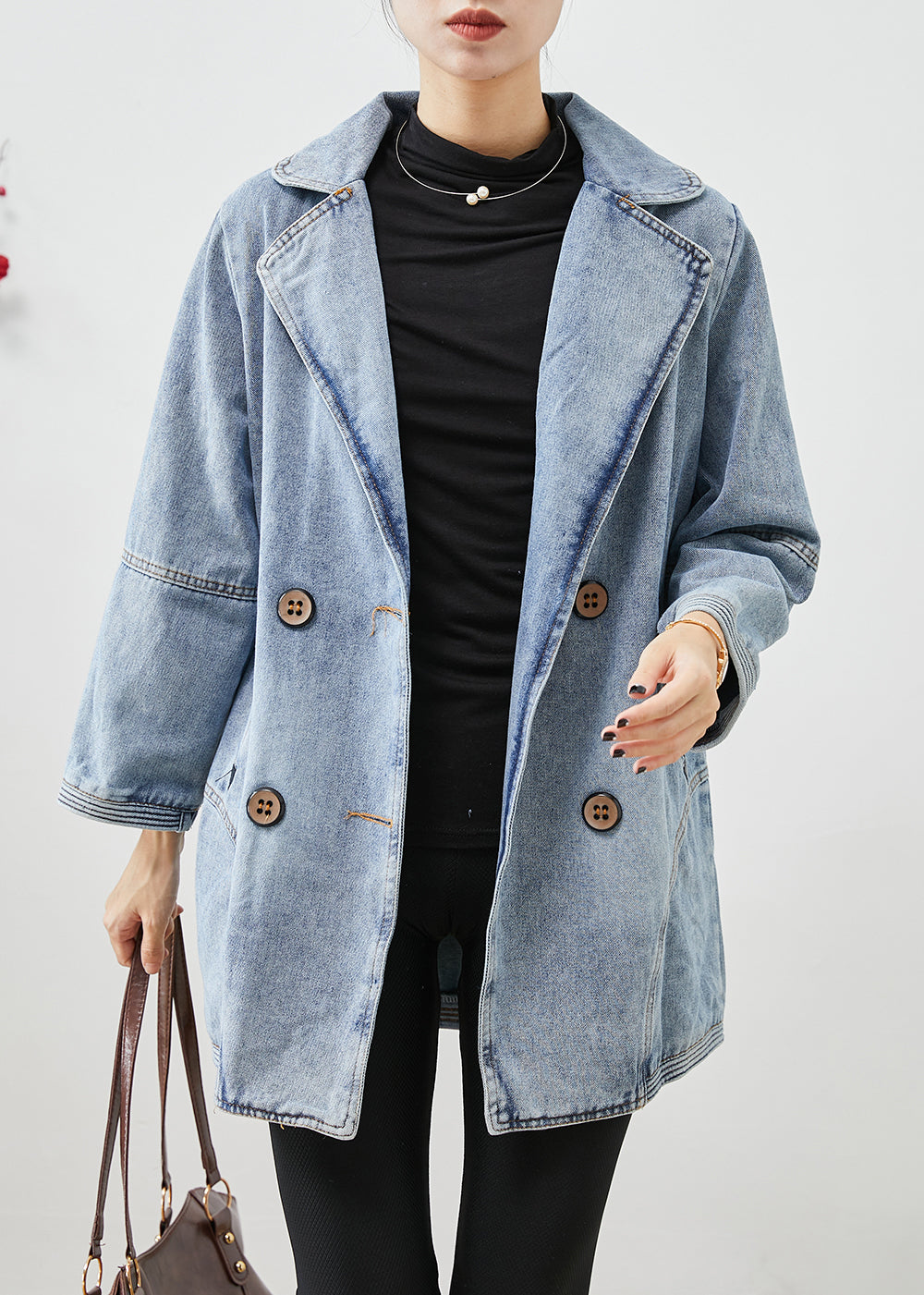 Simple Light Blue Double Breast Patchwork Denim Jackets Fall Ada Fashion