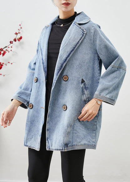 Simple Light Blue Double Breast Patchwork Denim Jackets Fall Ada Fashion