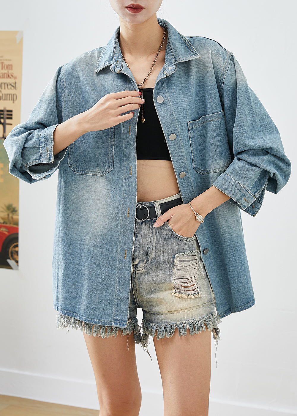 Simple Light Blue Oversized Pockets Denim Shirt Coats Fall Ada Fashion