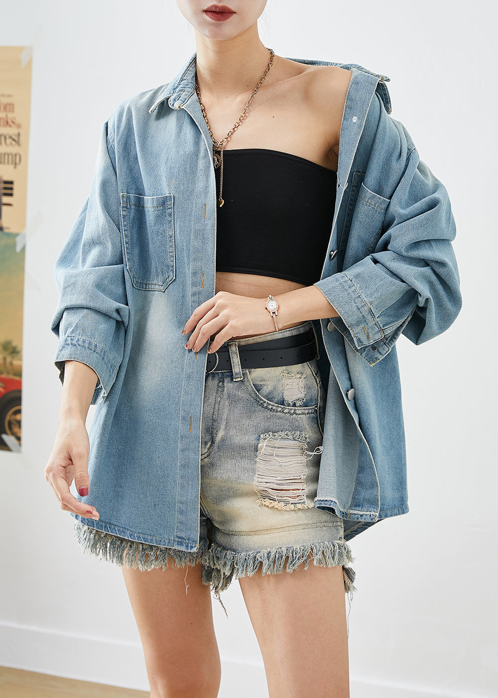 Simple Light Blue Oversized Pockets Denim Shirt Coats Fall Ada Fashion