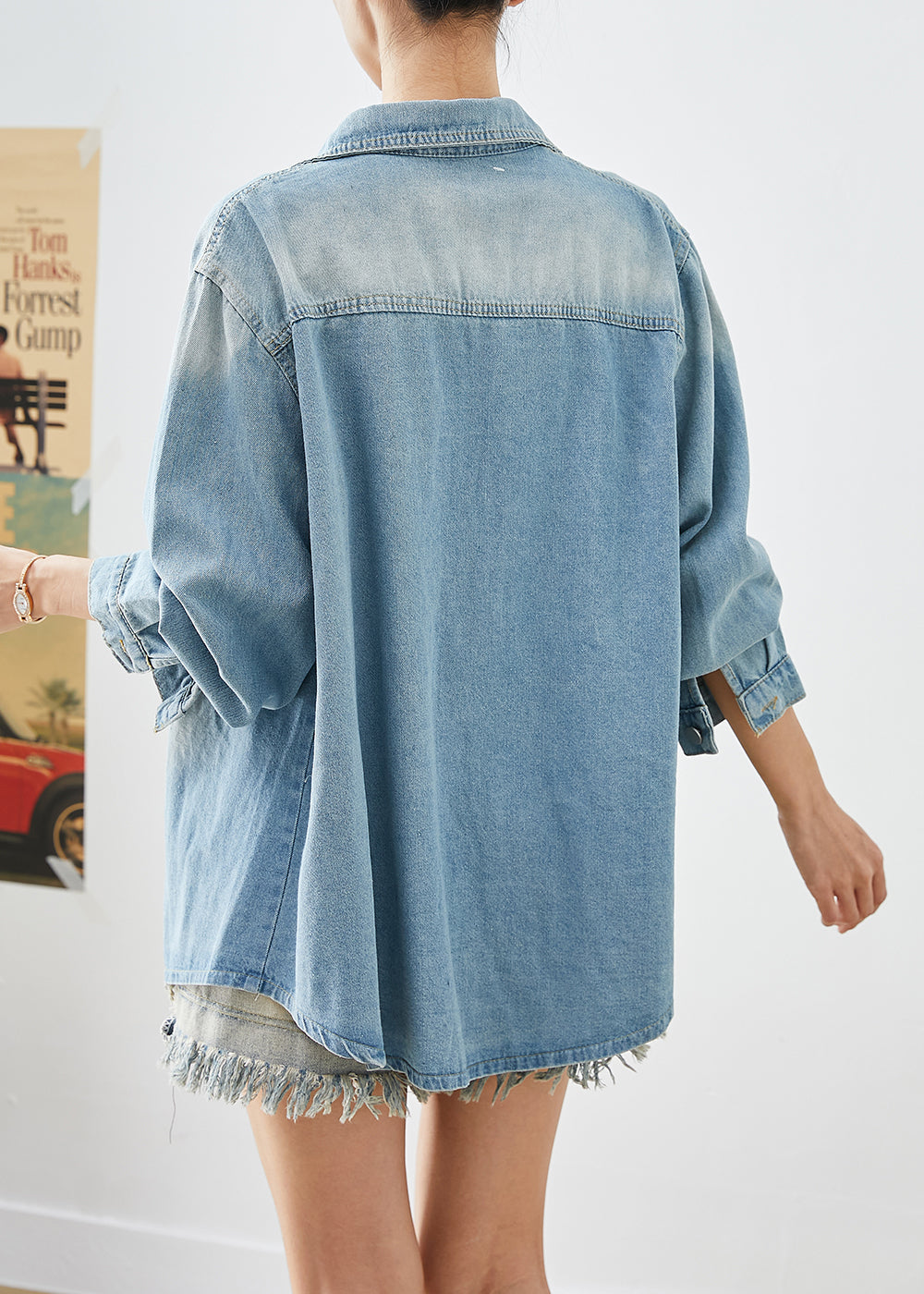 Simple Light Blue Oversized Pockets Denim Shirt Coats Fall Ada Fashion