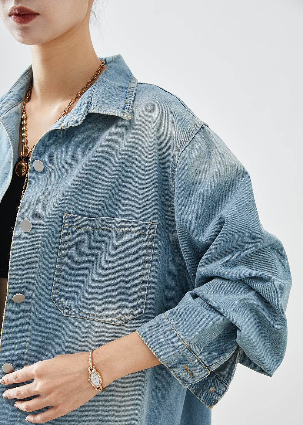 Simple Light Blue Oversized Pockets Denim Shirt Coats Fall Ada Fashion