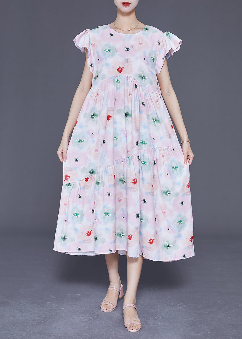 Simple Light Pink Print Patchwork Wrinkled Cotton Holiday Dress Summer LY3690 - fabuloryshop