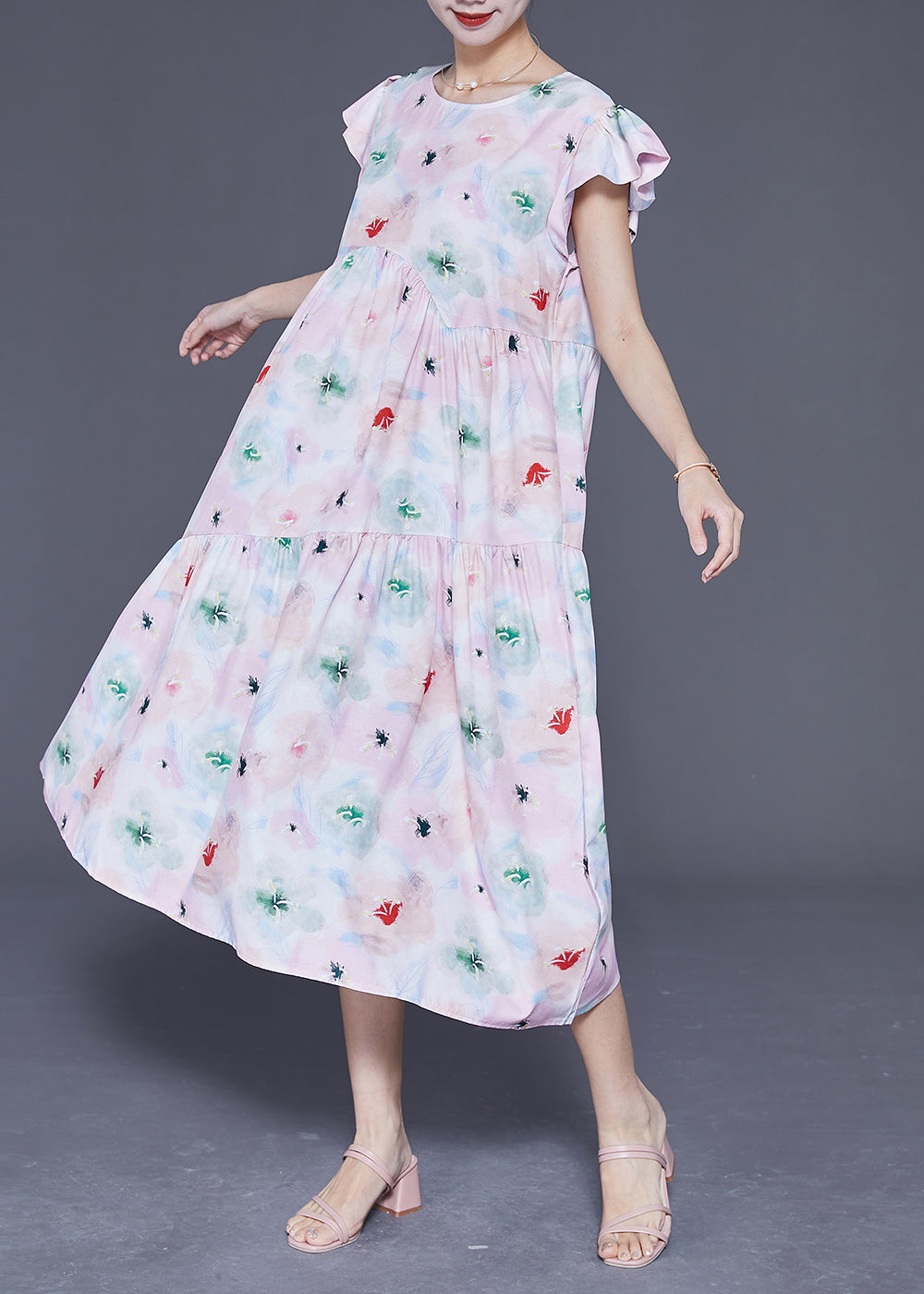 Simple Light Pink Print Patchwork Wrinkled Cotton Holiday Dress Summer LY3690 - fabuloryshop