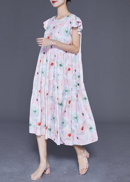 Simple Light Pink Print Patchwork Wrinkled Cotton Holiday Dress Summer LY3690 - fabuloryshop