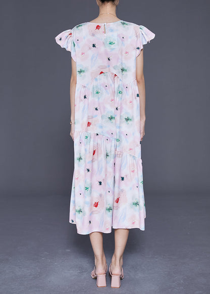 Simple Light Pink Print Patchwork Wrinkled Cotton Holiday Dress Summer LY3690 - fabuloryshop