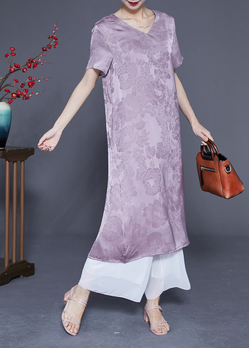 Simple Light Purple V Neck Jacquard Silk Vacation Dresses Summer LY1818 - fabuloryshop