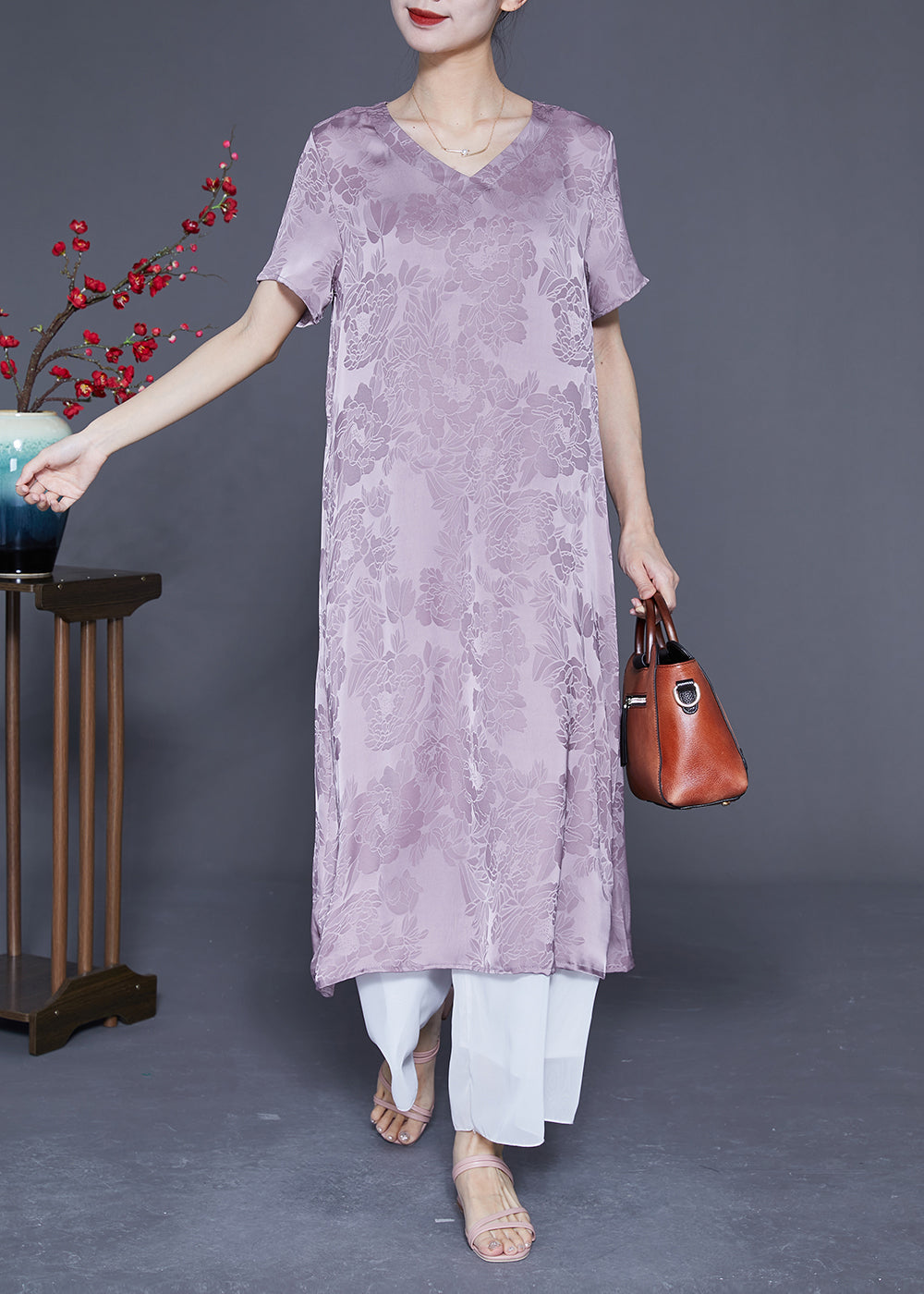 Simple Light Purple V Neck Jacquard Silk Vacation Dresses Summer LY1818 - fabuloryshop