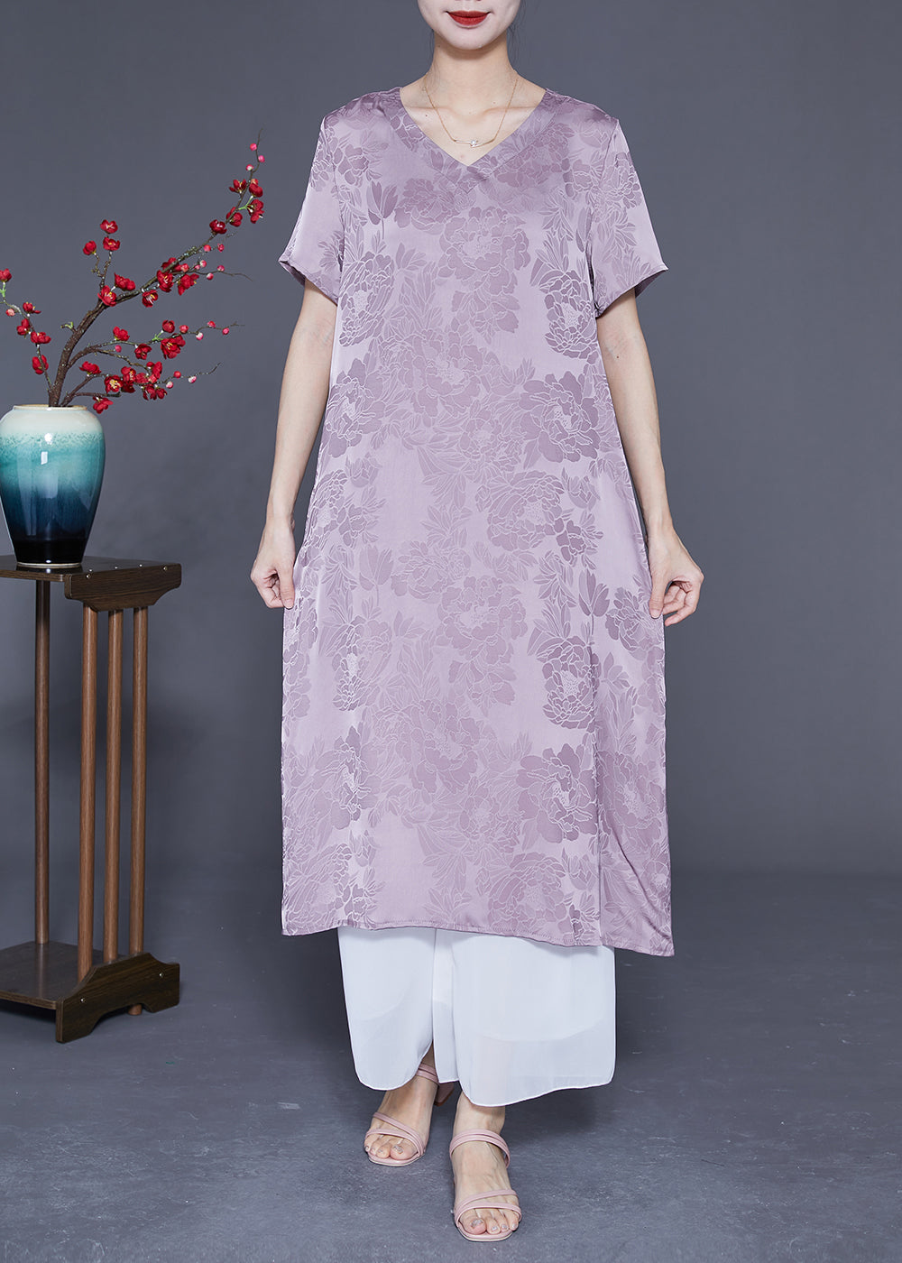 Simple Light Purple V Neck Jacquard Silk Vacation Dresses Summer LY1818 - fabuloryshop