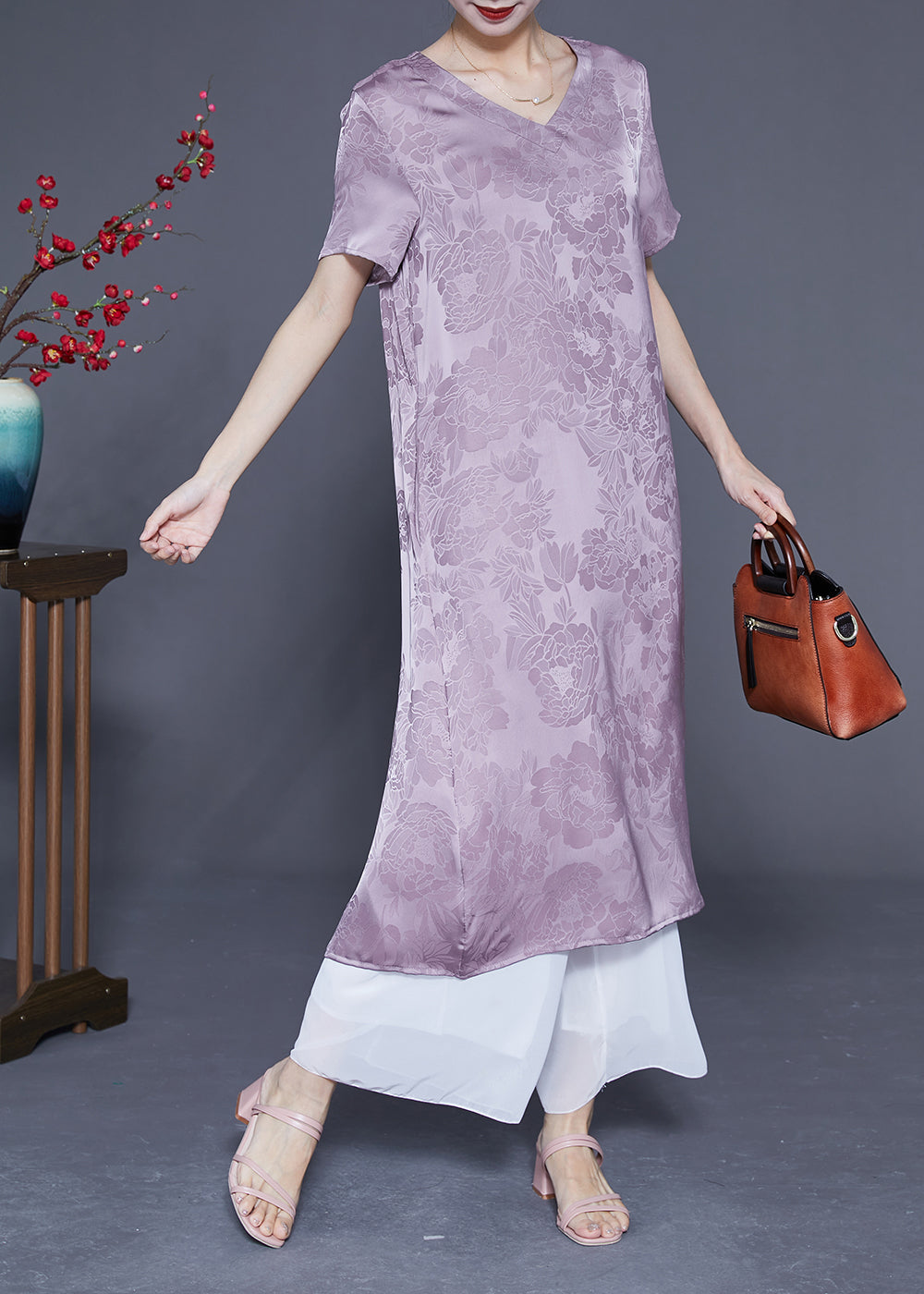 Simple Light Purple V Neck Jacquard Silk Vacation Dresses Summer LY1818 - fabuloryshop