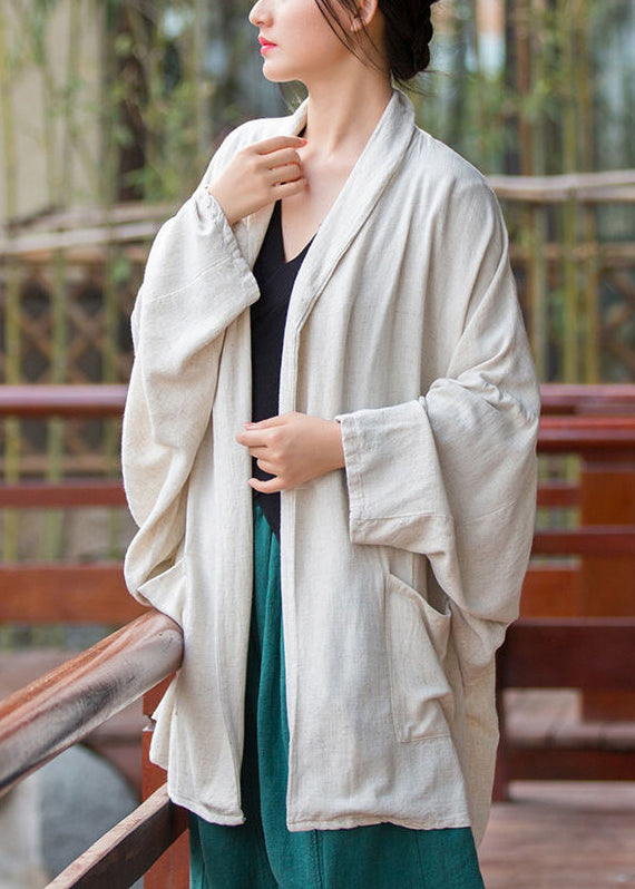 Simple Linen Stand Collar Pockets Cotton Thin Cardigan Batwing Sleeve Ada Fashion