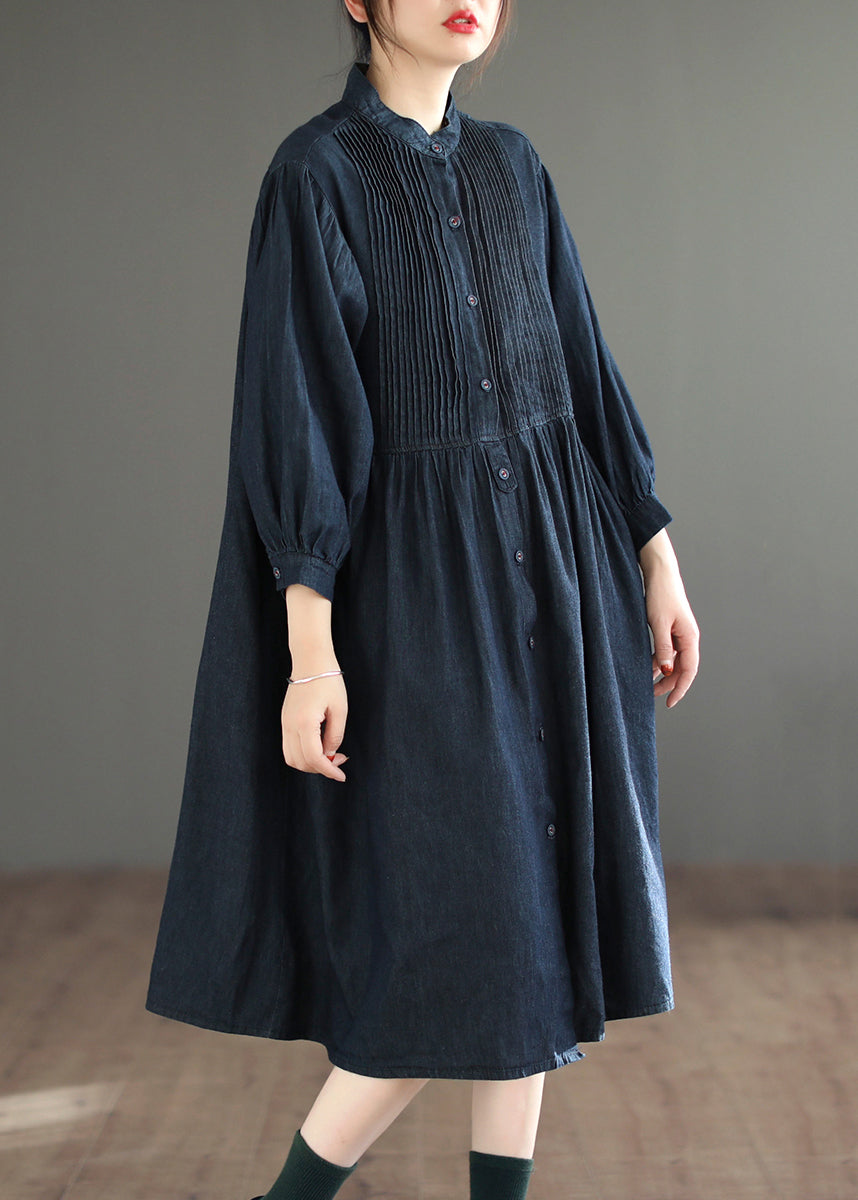 Simple Navy Button Wrinkled Patchwork Denim Shirts Dress Fall Ada Fashion