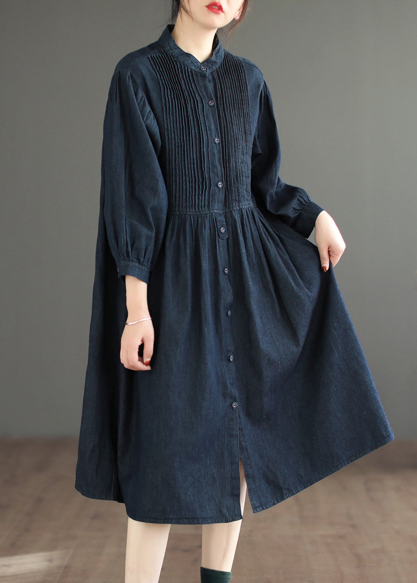 Simple Navy Button Wrinkled Patchwork Denim Shirts Dress Fall Ada Fashion