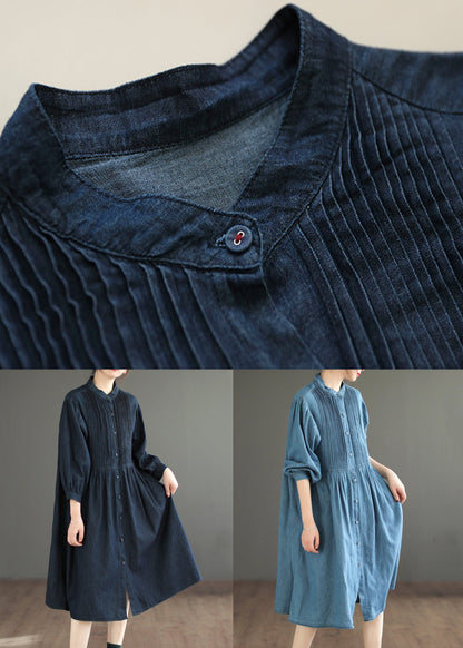 Simple Navy Button Wrinkled Patchwork Denim Shirts Dress Fall Ada Fashion