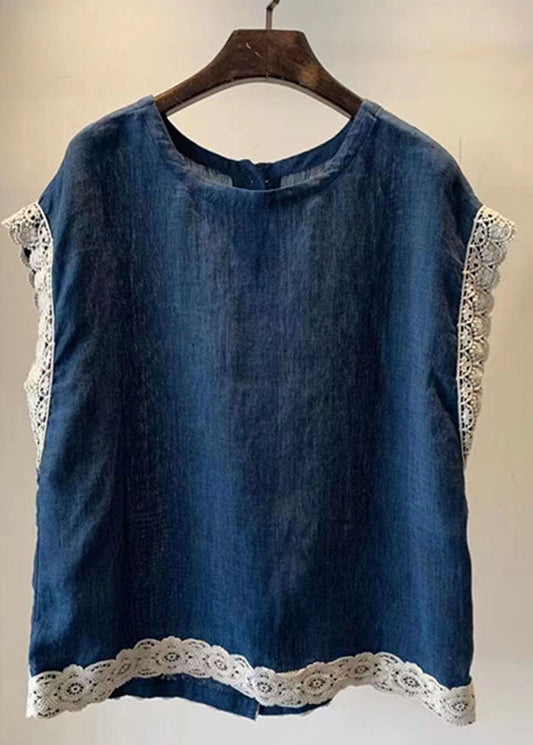 Simple Navy O Neck Lace Button Patchwork Linen Shirt Top Sleeveless Ada Fashion