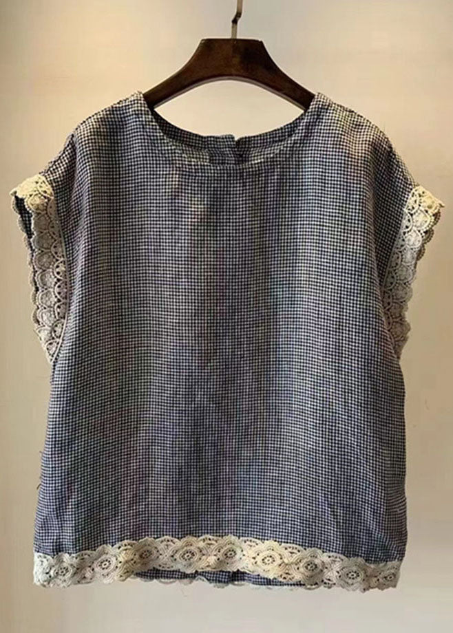 Simple Navy O Neck Lace Button Patchwork Linen Shirt Top Sleeveless Ada Fashion