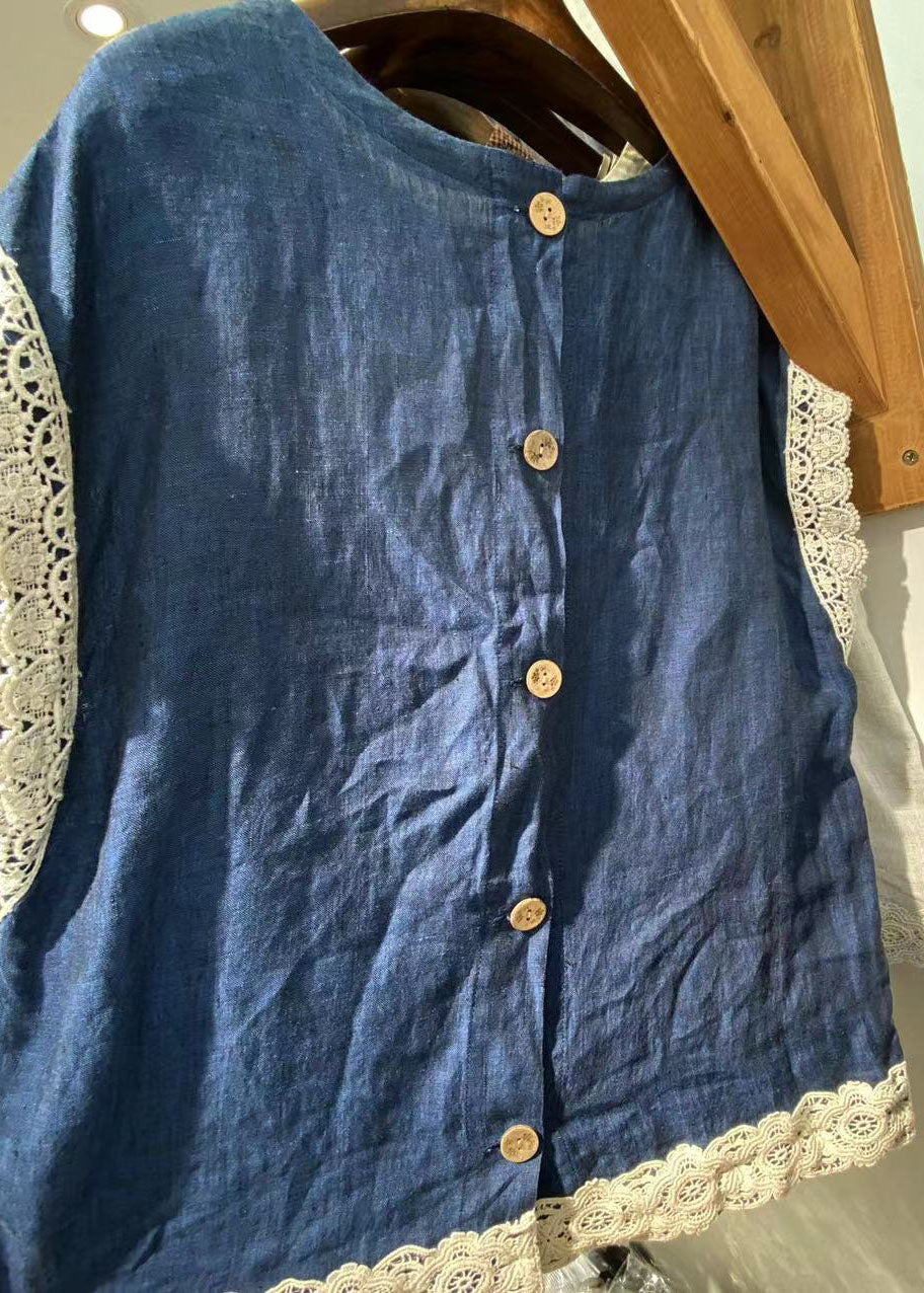 Simple Navy O Neck Lace Button Patchwork Linen Shirt Top Sleeveless Ada Fashion