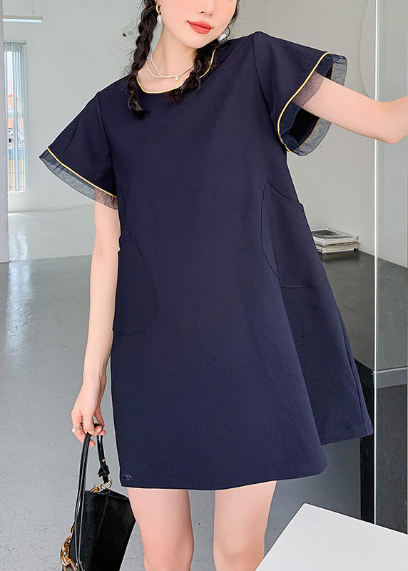 Simple Navy O-Neck Patchwork Mid Dress Short Sleeve LY0754 - fabuloryshop