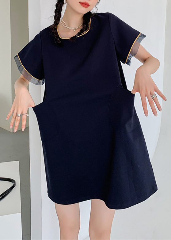 Simple Navy O-Neck Patchwork Mid Dress Short Sleeve LY0754 - fabuloryshop