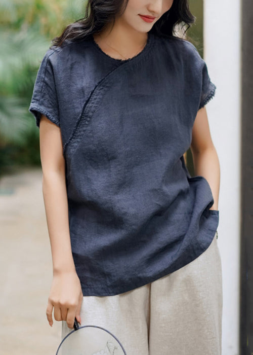 Simple Navy O Neck Side Open Linen T Shirt Top Summer Ada Fashion