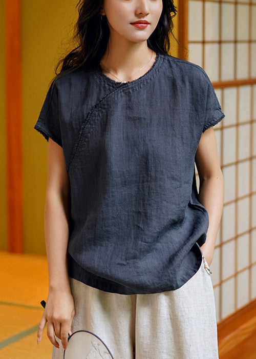 Simple Navy O Neck Side Open Linen T Shirt Top Summer Ada Fashion